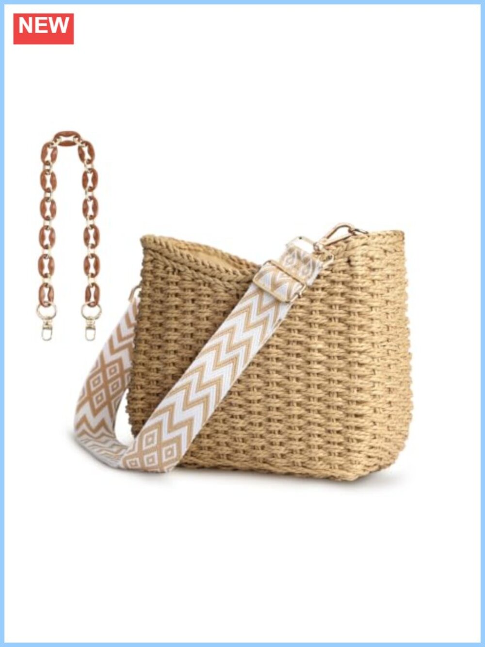 Small Straw Handbag Woven Crossbody Tote with Chain Strap